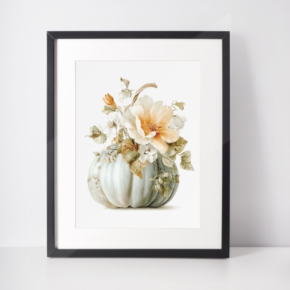 Watercolor Pumpkin with Flowers Wall Art Print Unframed - Cozy Autumn Elegance - Picture 2 of 6